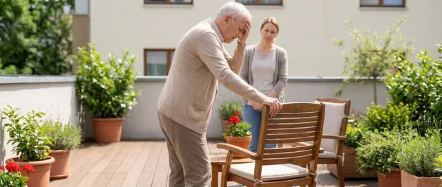 Ältere Person hält sich wegen Schwindel an einem Geländer fest