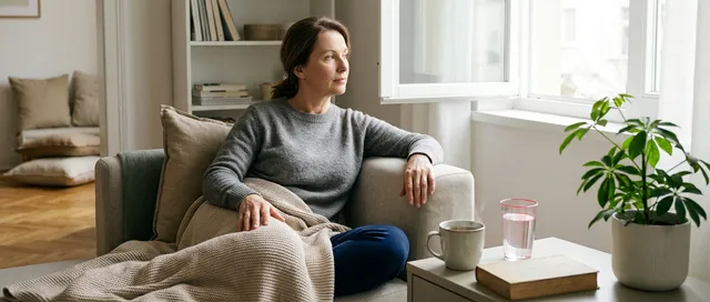 Frau erholt sich mit Decke, Tee und Wasser auf dem Sofa von einem Magen-Darm-Infekt