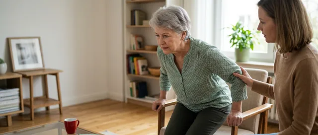 Angehörige stützt eine ältere Frau beim vorsichtigen Aufstehen aus dem Sessel