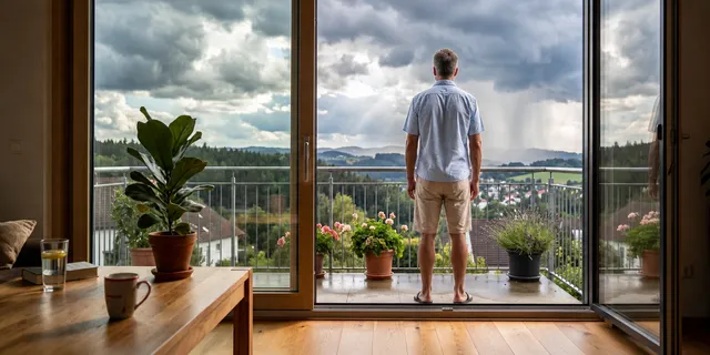 Person greift sich bei aufziehendem Wetterumschwung wegen Schwindel an den Kopf